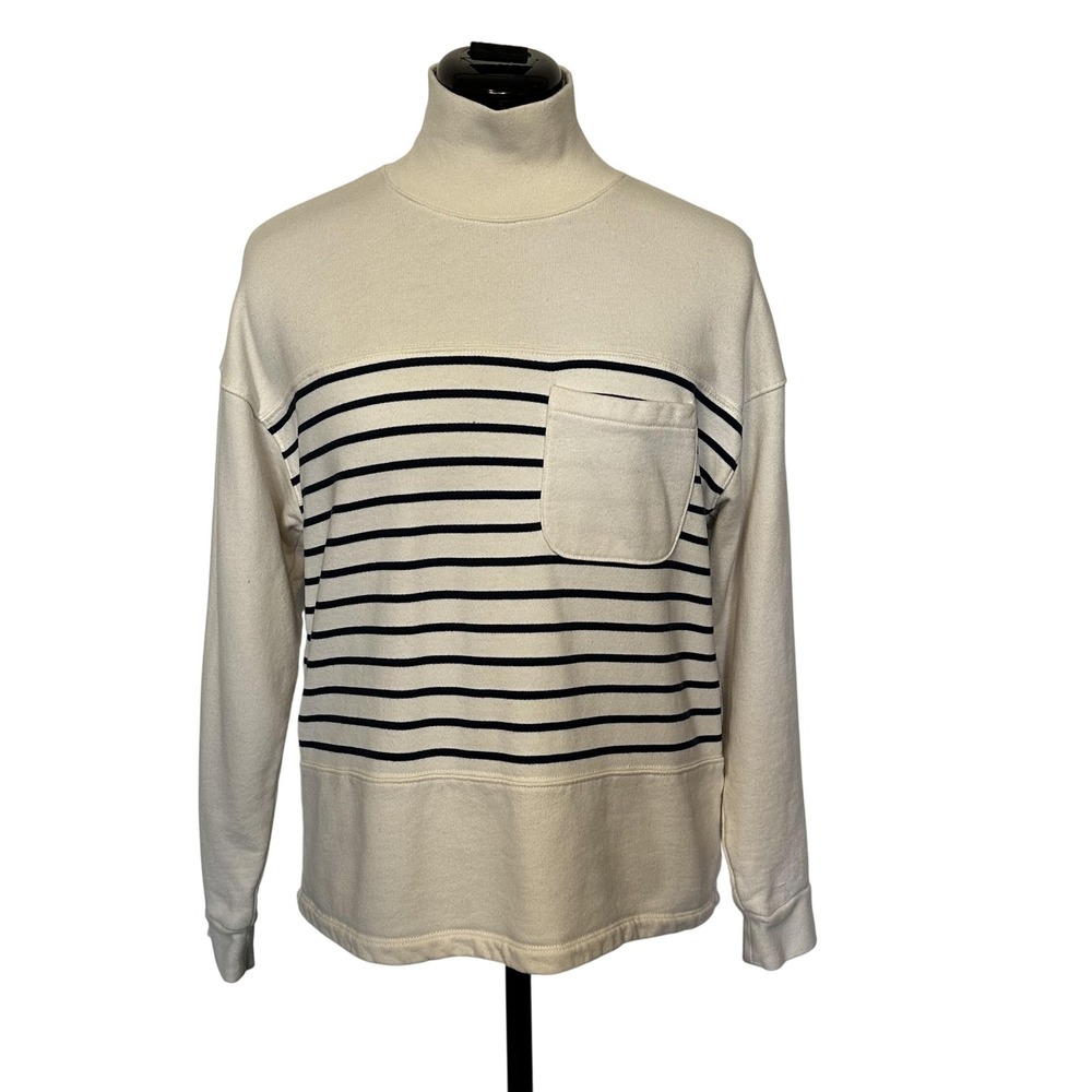 Madewell Sweatshirt Womens Small Cream Navy Stripe Mock Neck Pocket Pullover‎
